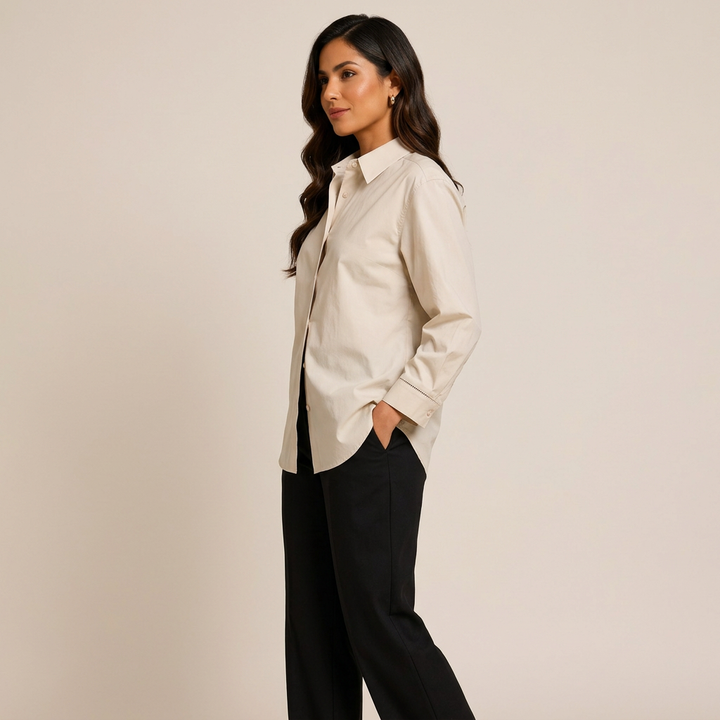 Women’s Relaxed Pure Cotton Button-Down Shirt with Ladder-Stitch Detail-Vyana Collective