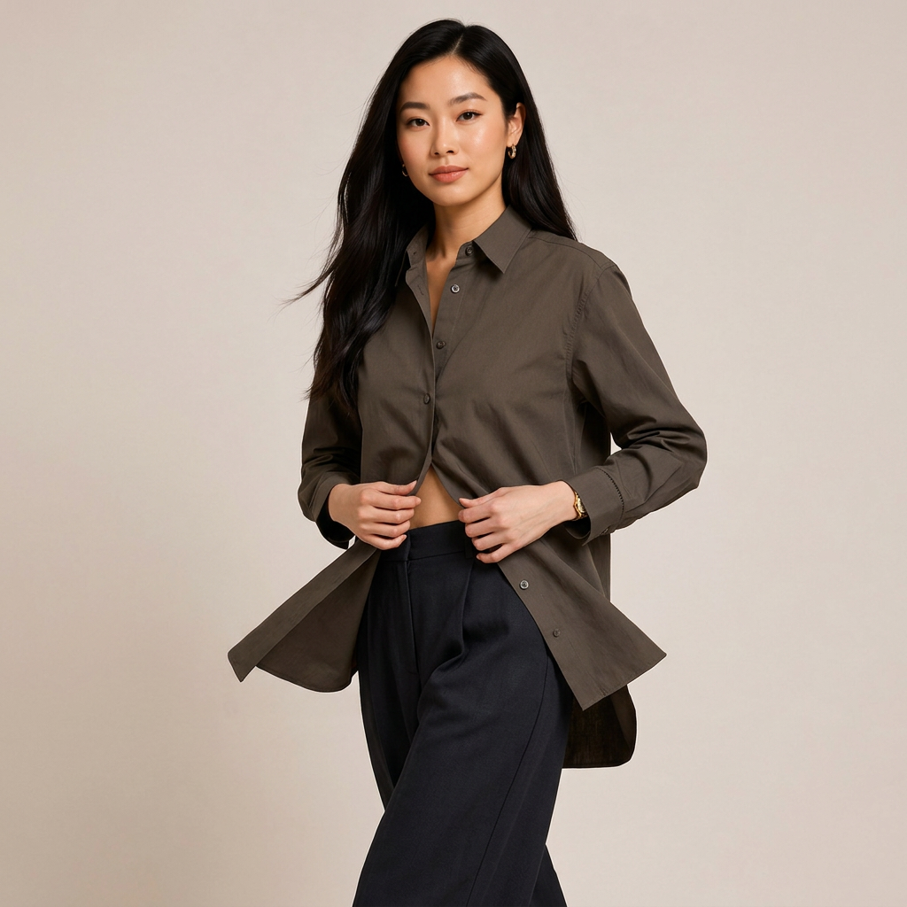 Women’s Relaxed Pure Cotton Button-Down Shirt with Ladder-Stitch Detail-Vyana Collective