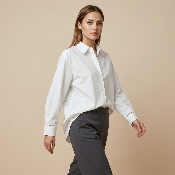 Women’s Relaxed Pure Cotton Button-Down Shirt with Ladder-Stitch Detail-Vyana Collective