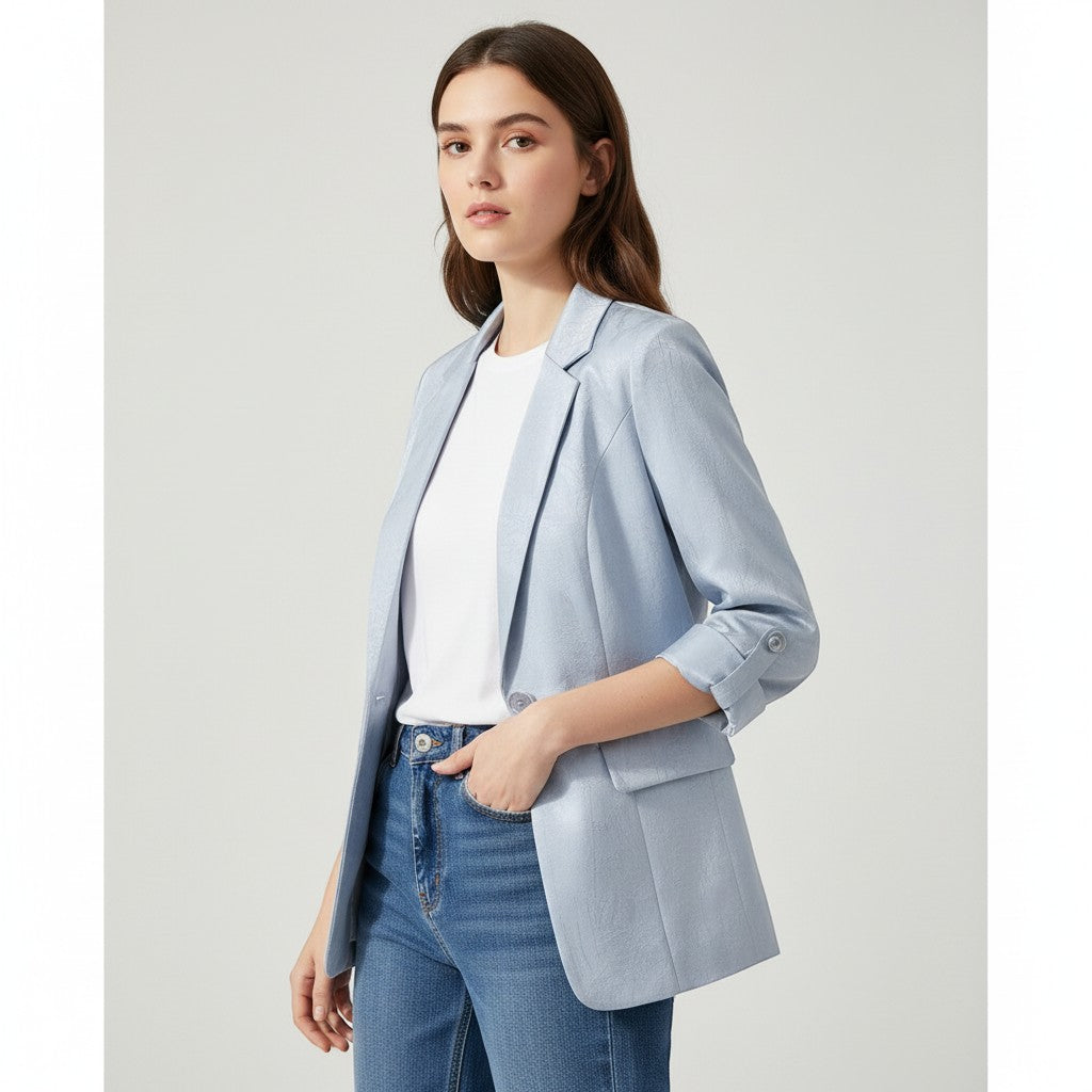 Women's Satin-Look Single Button Blazer Jacket-Vyana Collective