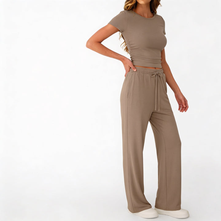Women’s Short Sleeve Crop Top and Drawstring Pants Two Piece Lounge Set-Vyana Collective