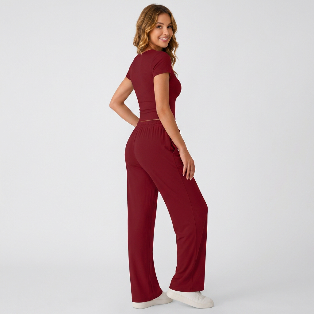 Women’s Short Sleeve Crop Top and Drawstring Pants Two Piece Lounge Set-Vyana Collective