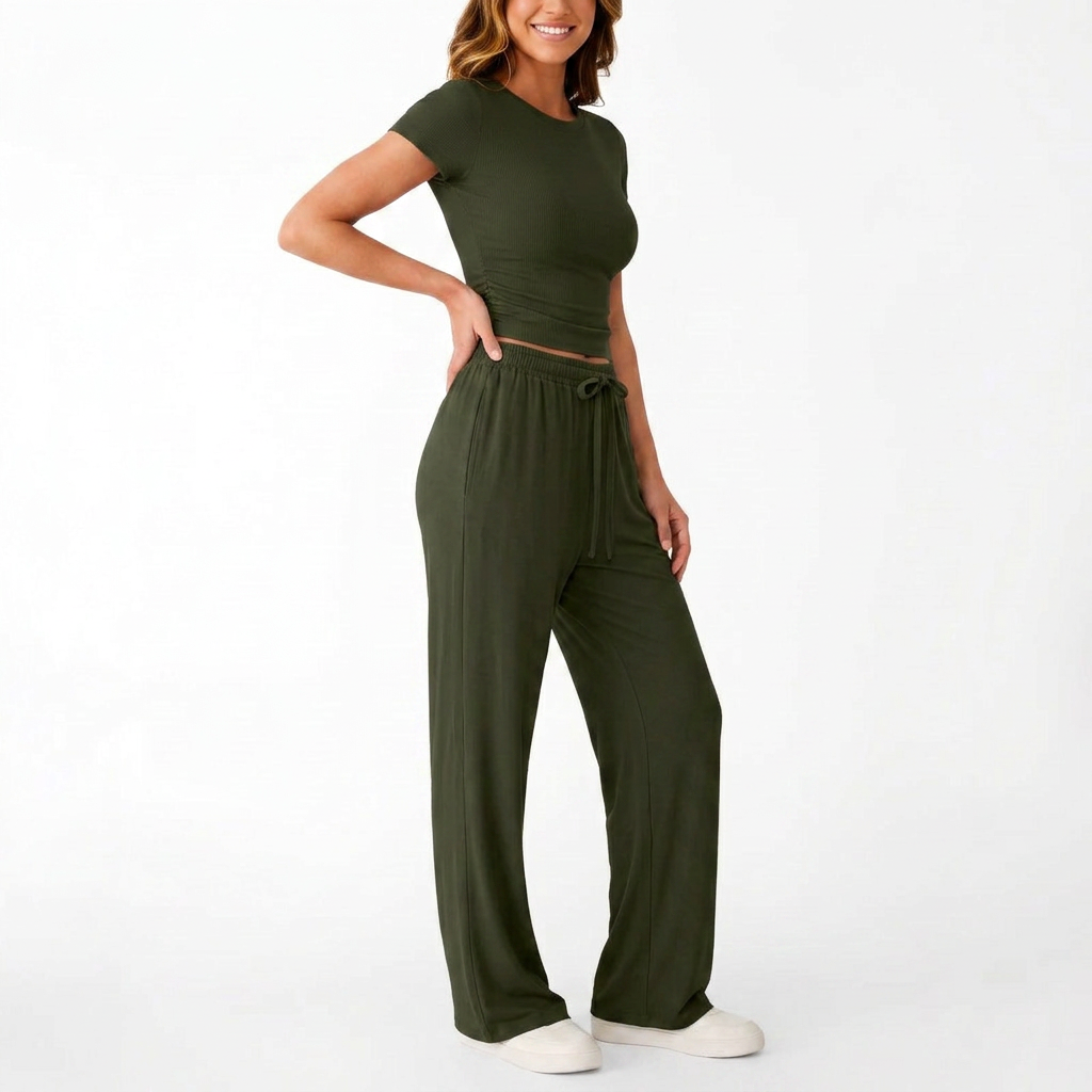 Women’s Short Sleeve Crop Top and Drawstring Pants Two Piece Lounge Set-Vyana Collective