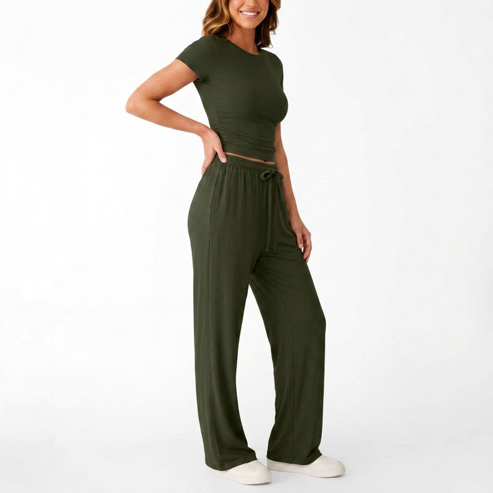 Women’s Short Sleeve Crop Top and Drawstring Pants Two Piece Lounge Set-Vyana Collective