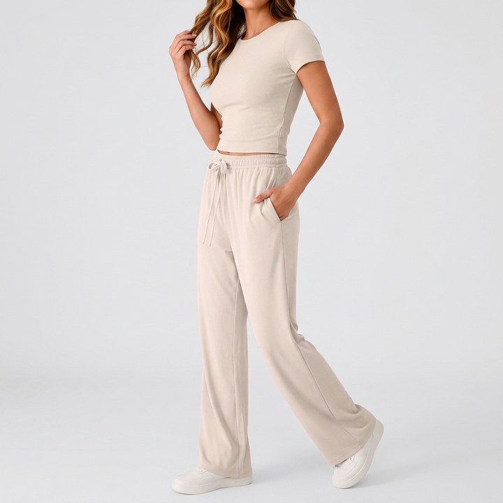 Women’s Short Sleeve Crop Top and Drawstring Pants Two Piece Lounge Set-Vyana Collective