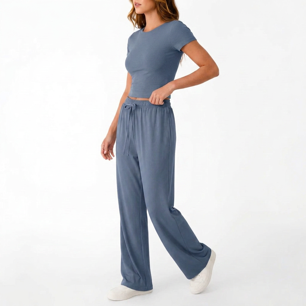 Women’s Short Sleeve Crop Top and Drawstring Pants Two Piece Lounge Set-Vyana Collective