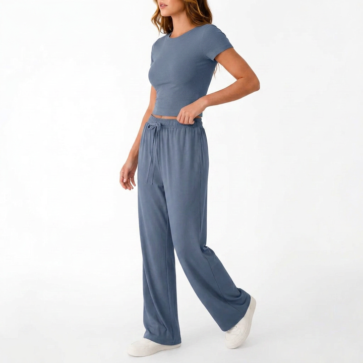 Women’s Short Sleeve Crop Top and Drawstring Pants Two Piece Lounge Set-Vyana Collective