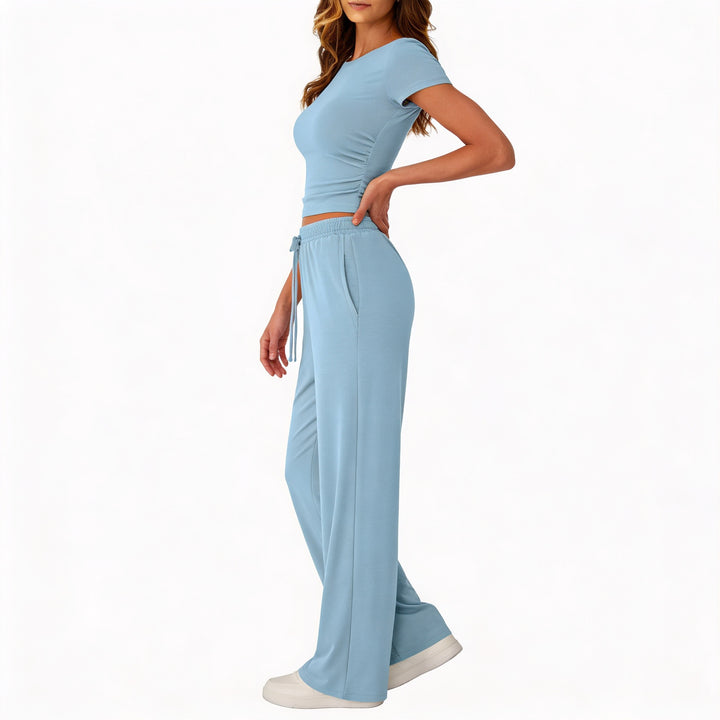 Women’s Short Sleeve Crop Top and Drawstring Pants Two Piece Lounge Set-Vyana Collective