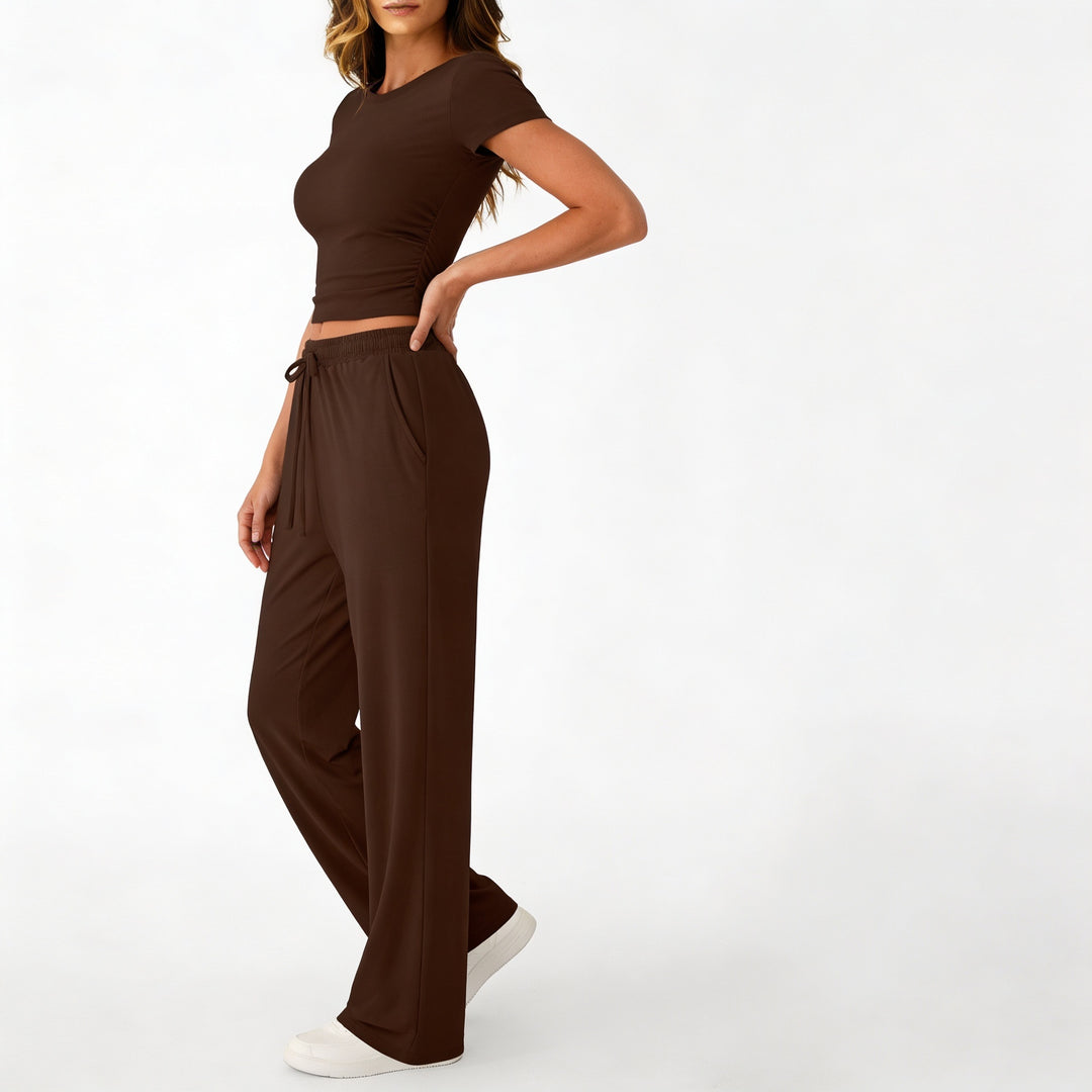 Women’s Short Sleeve Crop Top and Drawstring Pants Two Piece Lounge Set-Vyana Collective