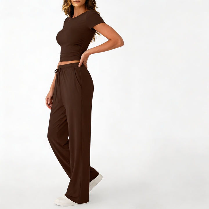Women’s Short Sleeve Crop Top and Drawstring Pants Two Piece Lounge Set-Vyana Collective