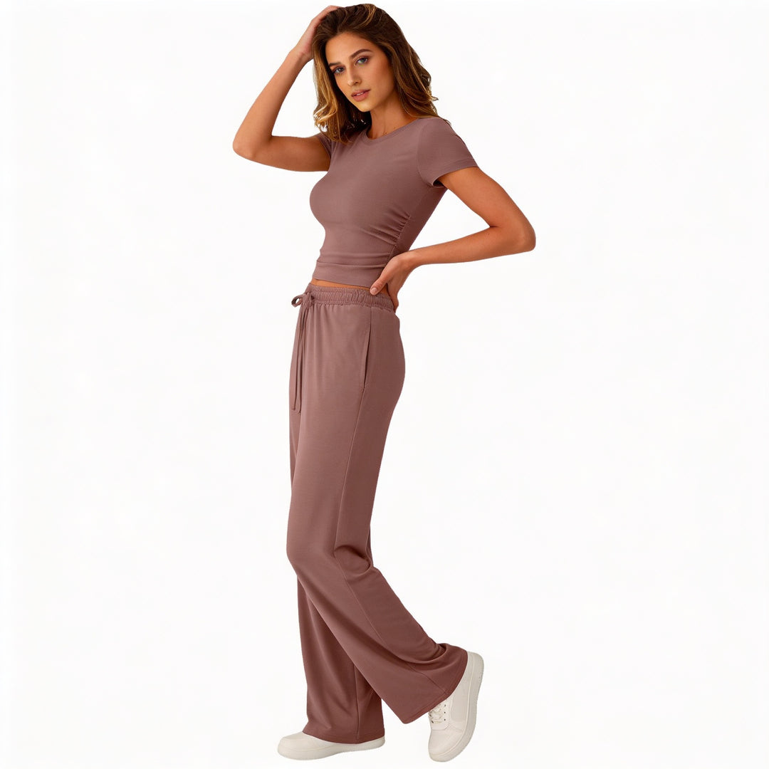Women’s Short Sleeve Crop Top and Drawstring Pants Two Piece Lounge Set-Vyana Collective