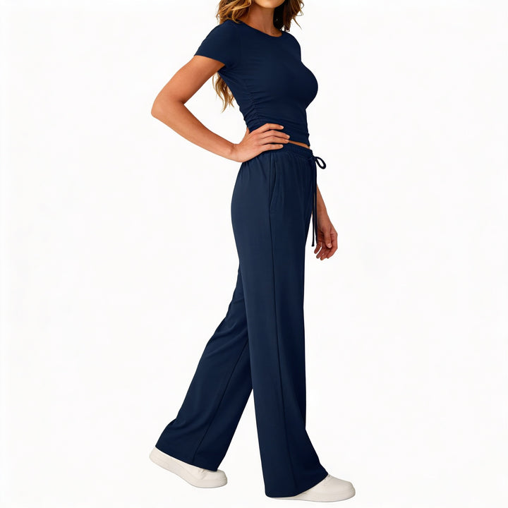 Women’s Short Sleeve Crop Top and Drawstring Pants Two Piece Lounge Set-Vyana Collective