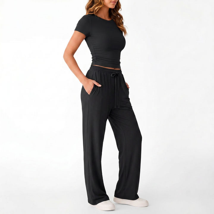 Women’s Short Sleeve Crop Top and Drawstring Pants Two Piece Lounge Set-Vyana Collective