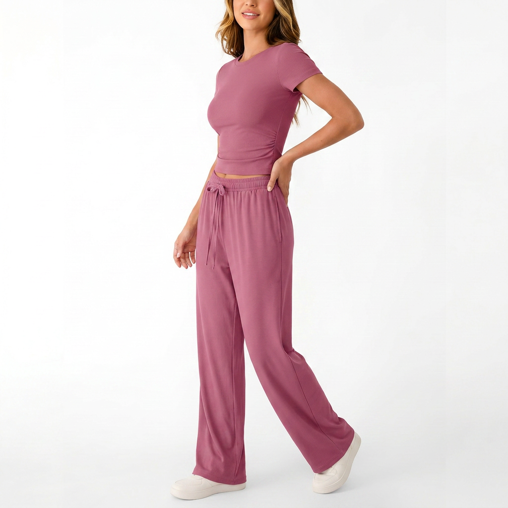 Women’s Short Sleeve Crop Top and Drawstring Pants Two Piece Lounge Set-Vyana Collective