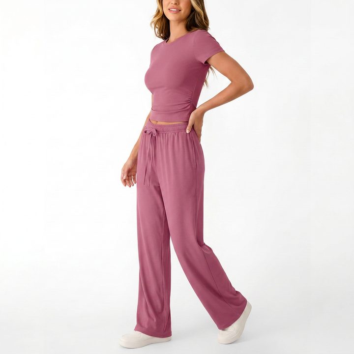 Women’s Short Sleeve Crop Top and Drawstring Pants Two Piece Lounge Set-Vyana Collective