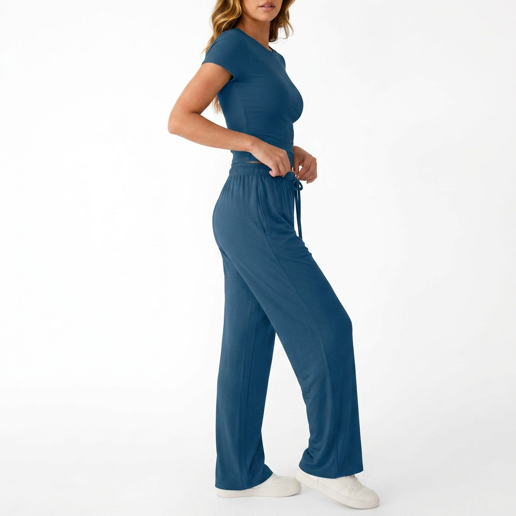 Women’s Short Sleeve Crop Top and Drawstring Pants Two Piece Lounge Set-Vyana Collective