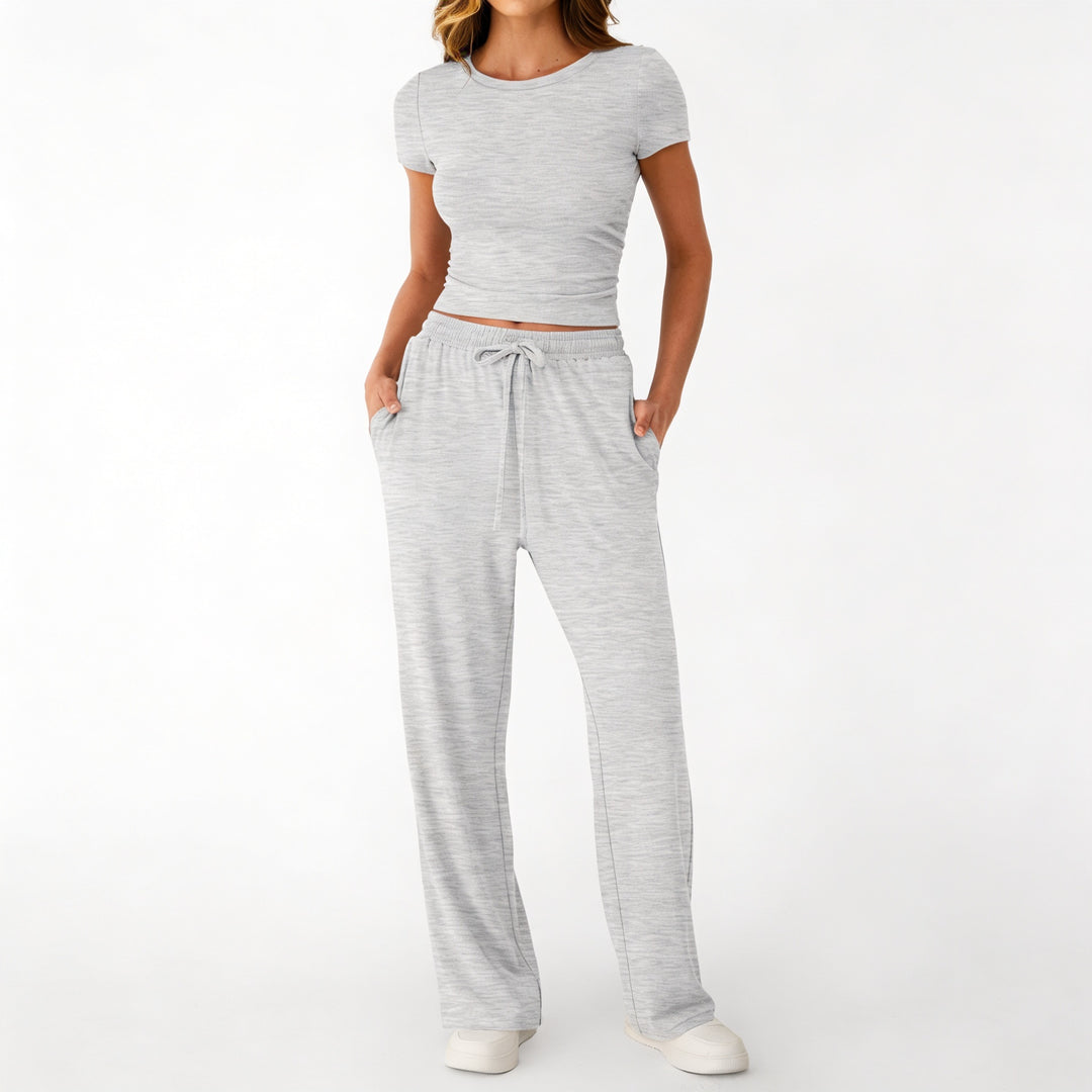 Women’s Short Sleeve Crop Top and Drawstring Pants Two Piece Lounge Set-Vyana Collective
