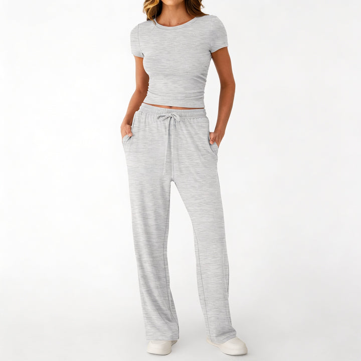 Women’s Short Sleeve Crop Top and Drawstring Pants Two Piece Lounge Set-Vyana Collective