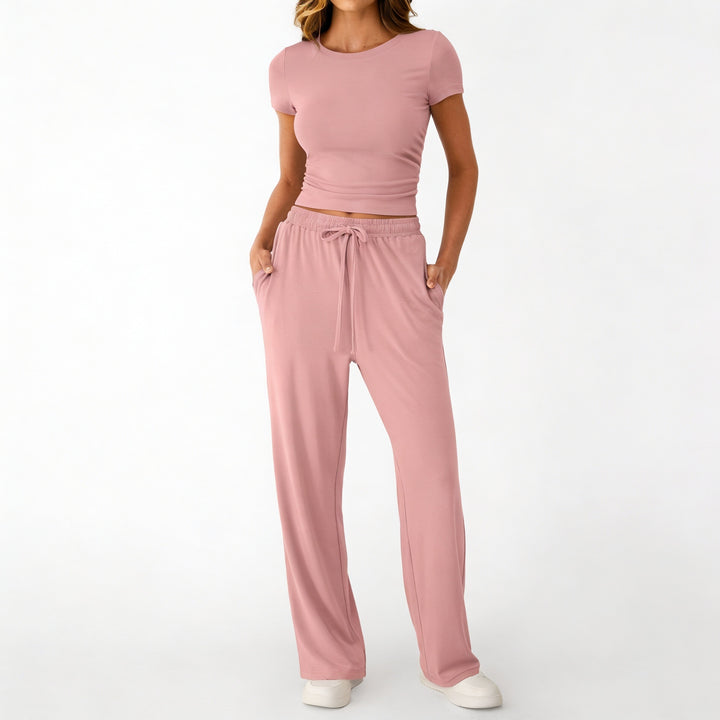 Women’s Short Sleeve Crop Top and Drawstring Pants Two Piece Lounge Set-Vyana Collective