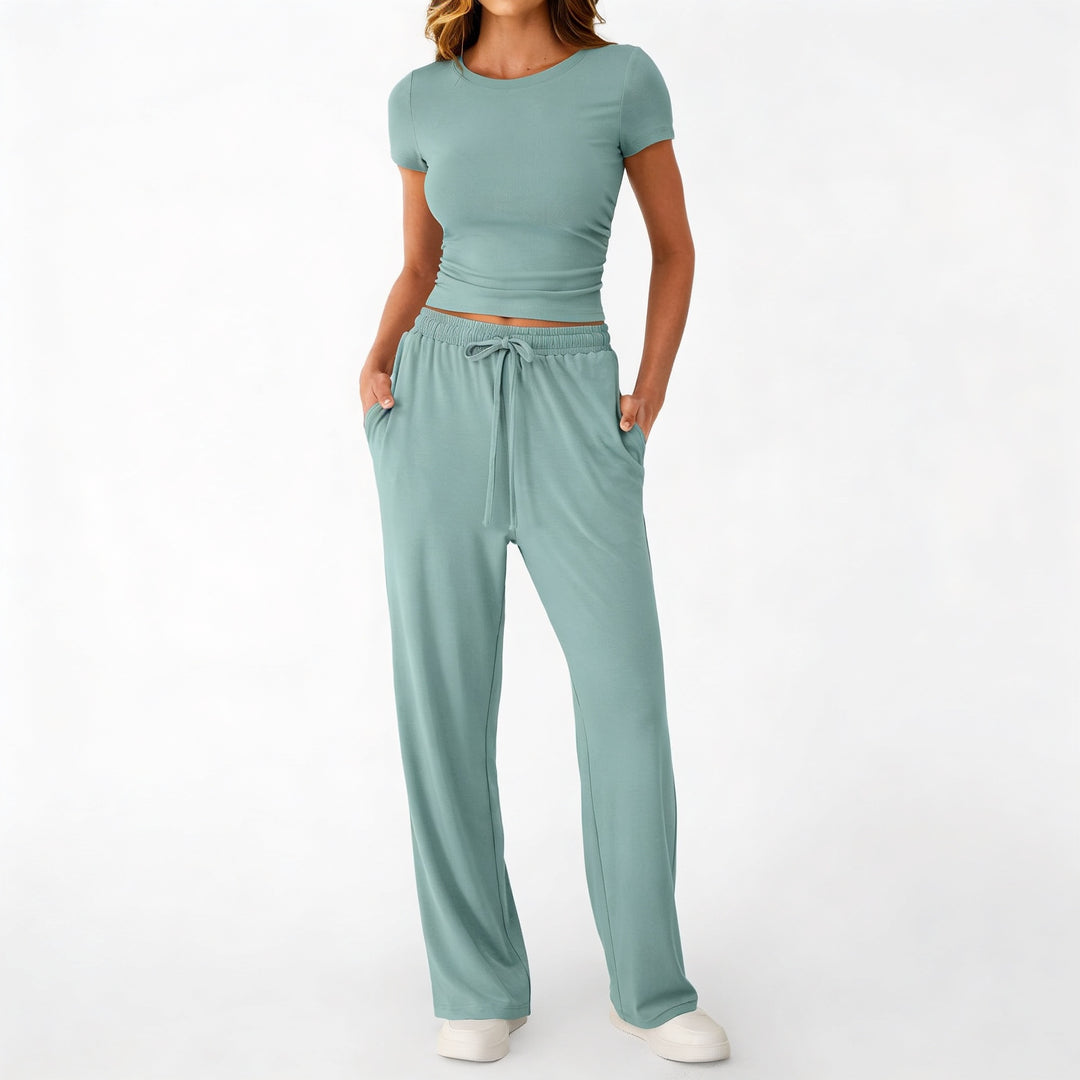 Women’s Short Sleeve Crop Top and Drawstring Pants Two Piece Lounge Set-Vyana Collective