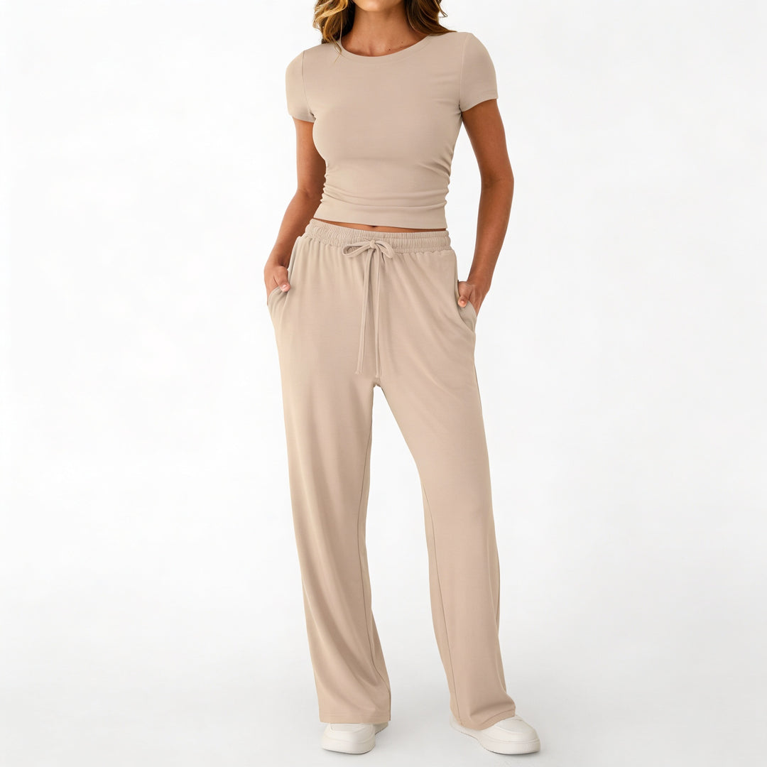 Women’s Short Sleeve Crop Top and Drawstring Pants Two Piece Lounge Set-Vyana Collective