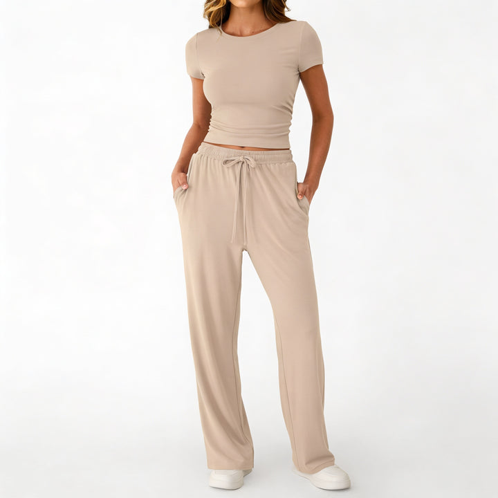 Women’s Short Sleeve Crop Top and Drawstring Pants Two Piece Lounge Set-Vyana Collective