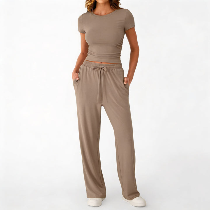 Women’s Short Sleeve Crop Top and Drawstring Pants Two Piece Lounge Set-Vyana Collective