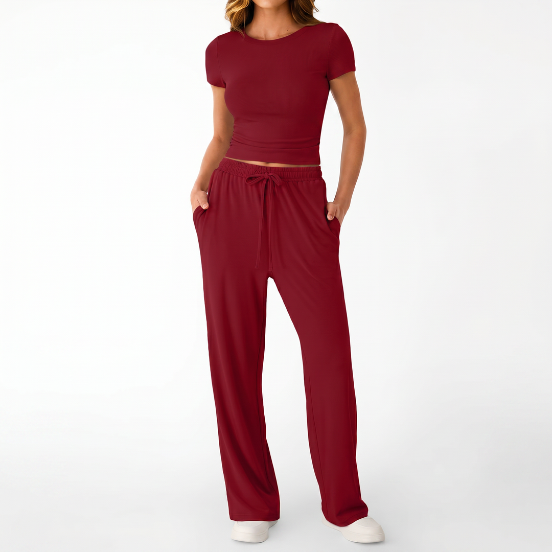 Women’s Short Sleeve Crop Top and Drawstring Pants Two Piece Lounge Set-Vyana Collective