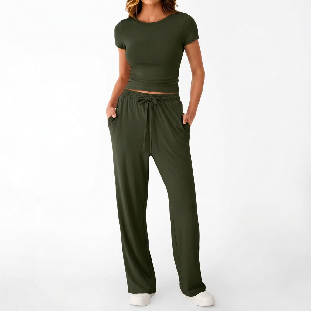 Women’s Short Sleeve Crop Top and Drawstring Pants Two Piece Lounge Set-Vyana Collective