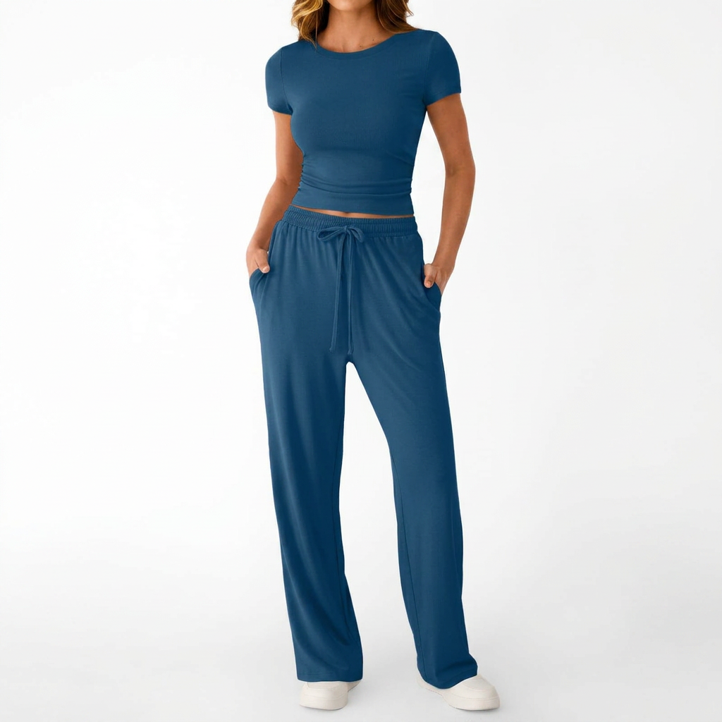 Women’s Short Sleeve Crop Top and Drawstring Pants Two Piece Lounge Set-Vyana Collective