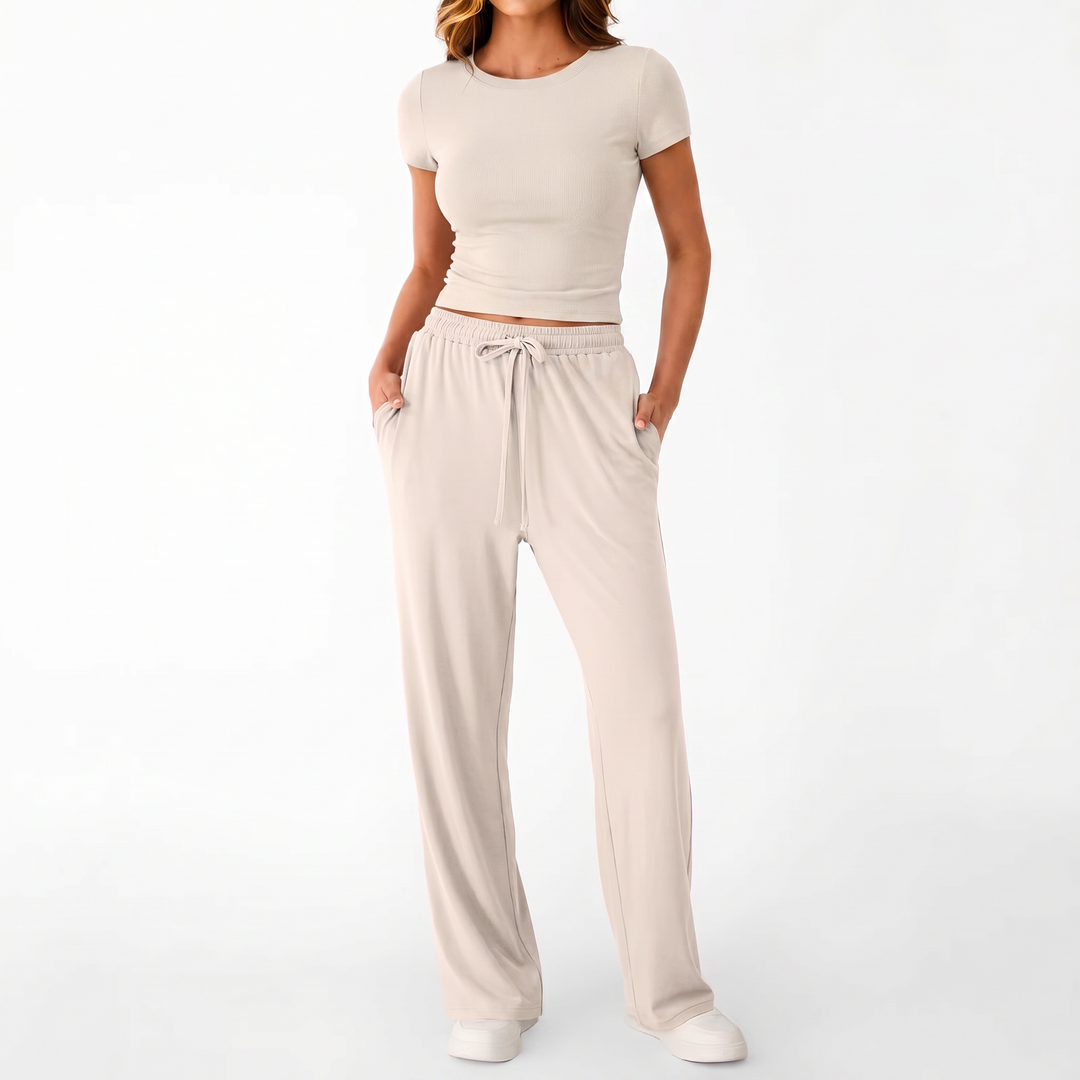 Women’s Short Sleeve Crop Top and Drawstring Pants Two Piece Lounge Set-Vyana Collective