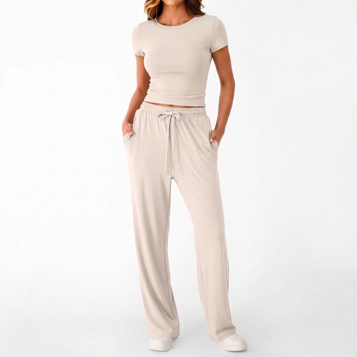 Women’s Short Sleeve Crop Top and Drawstring Pants Two Piece Lounge Set-Vyana Collective