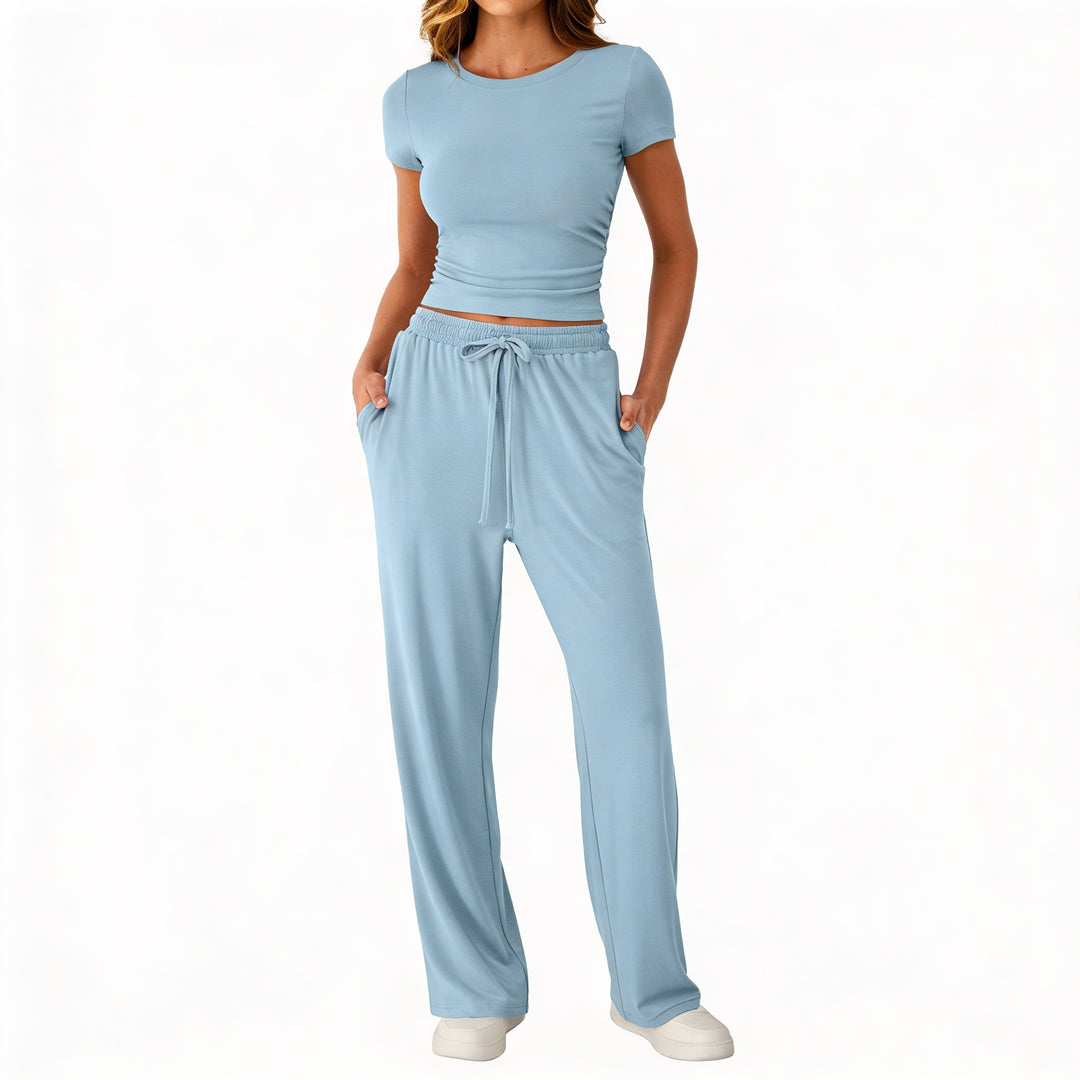 Women’s Short Sleeve Crop Top and Drawstring Pants Two Piece Lounge Set-Vyana Collective