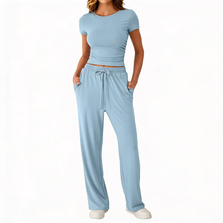 Women’s Short Sleeve Crop Top and Drawstring Pants Two Piece Lounge Set-Vyana Collective