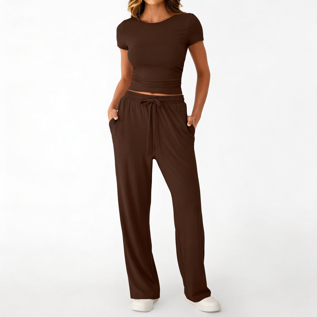 Women’s Short Sleeve Crop Top and Drawstring Pants Two Piece Lounge Set-Vyana Collective