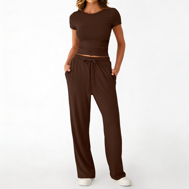 Women’s Short Sleeve Crop Top and Drawstring Pants Two Piece Lounge Set-Vyana Collective