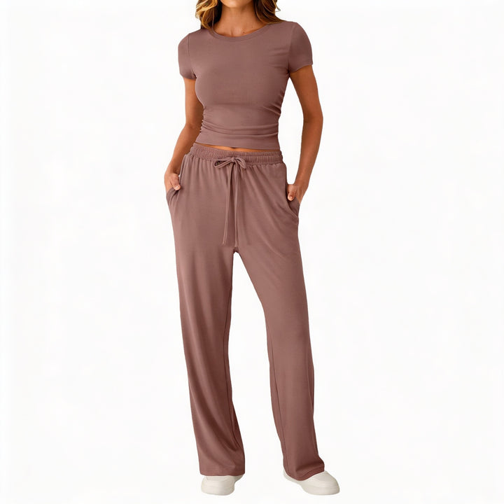 Women’s Short Sleeve Crop Top and Drawstring Pants Two Piece Lounge Set-Vyana Collective