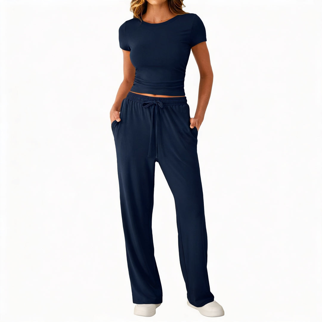 Women’s Short Sleeve Crop Top and Drawstring Pants Two Piece Lounge Set-Vyana Collective