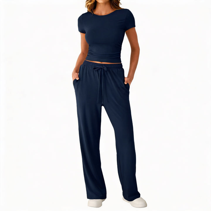 Women’s Short Sleeve Crop Top and Drawstring Pants Two Piece Lounge Set-Vyana Collective