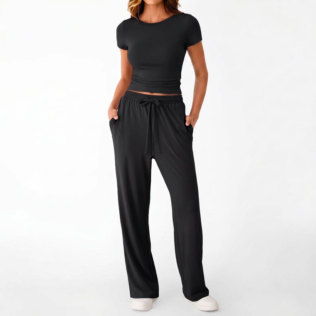 Women’s Short Sleeve Crop Top and Drawstring Pants Two Piece Lounge Set-Vyana Collective
