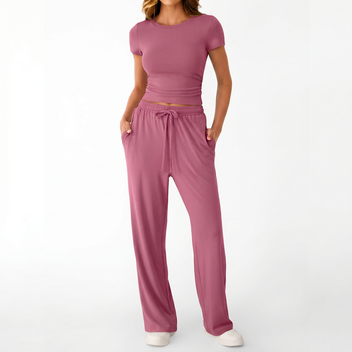 Women’s Short Sleeve Crop Top and Drawstring Pants Two Piece Lounge Set-Vyana Collective