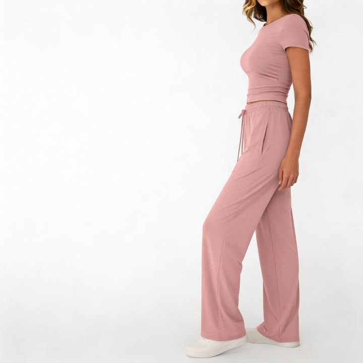 Women’s Short Sleeve Crop Top and Drawstring Pants Two Piece Lounge Set-Vyana Collective