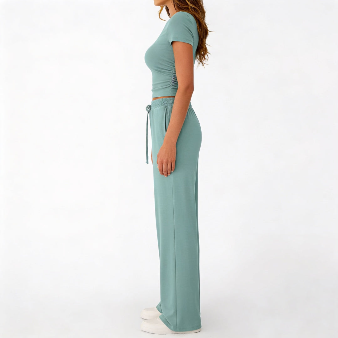 Women’s Short Sleeve Crop Top and Drawstring Pants Two Piece Lounge Set-Vyana Collective