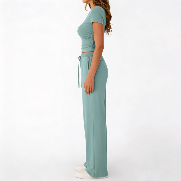 Women’s Short Sleeve Crop Top and Drawstring Pants Two Piece Lounge Set-Vyana Collective