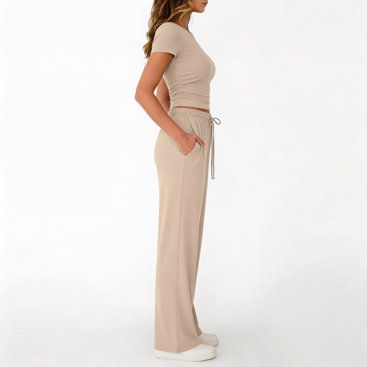 Women’s Short Sleeve Crop Top and Drawstring Pants Two Piece Lounge Set-Vyana Collective