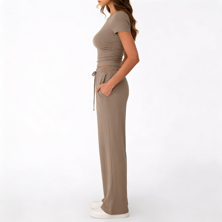 Women’s Short Sleeve Crop Top and Drawstring Pants Two Piece Lounge Set-Vyana Collective