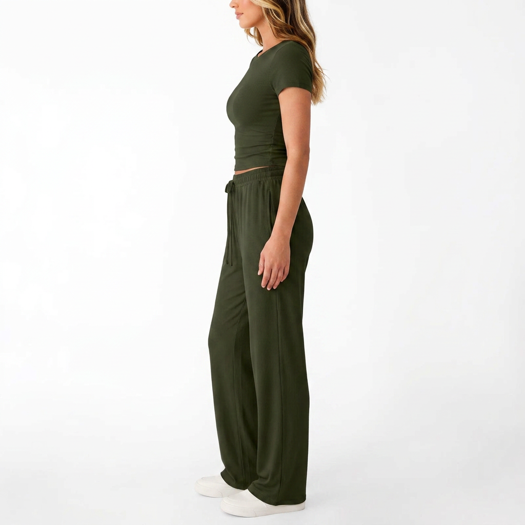 Women’s Short Sleeve Crop Top and Drawstring Pants Two Piece Lounge Set-Vyana Collective
