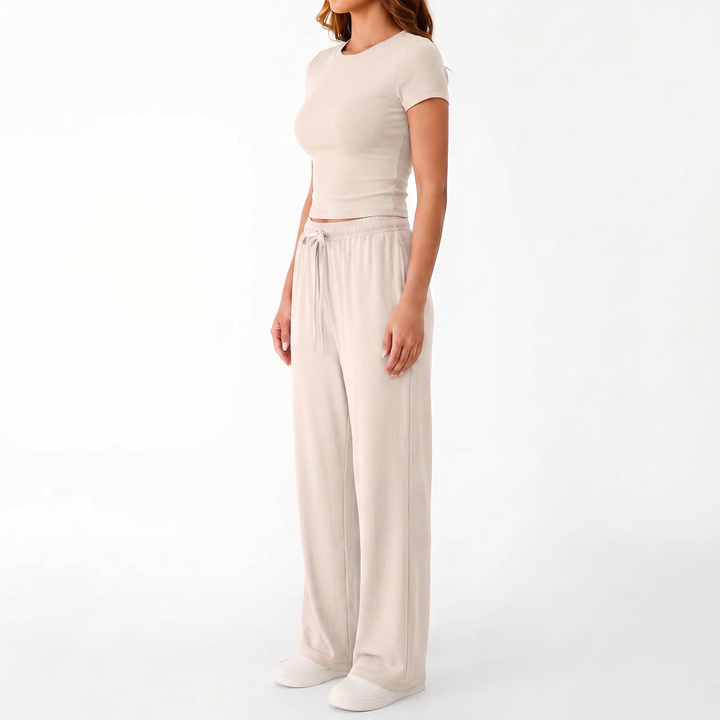Women’s Short Sleeve Crop Top and Drawstring Pants Two Piece Lounge Set-Vyana Collective
