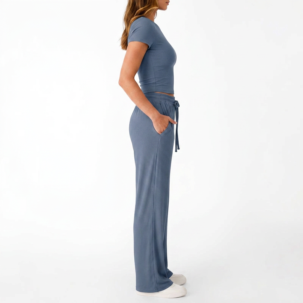 Women’s Short Sleeve Crop Top and Drawstring Pants Two Piece Lounge Set-Vyana Collective