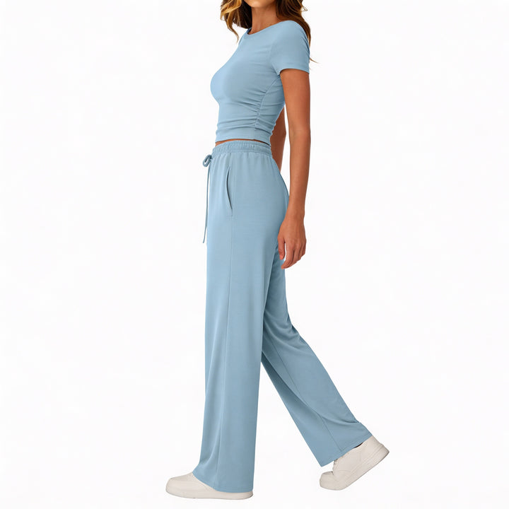 Women’s Short Sleeve Crop Top and Drawstring Pants Two Piece Lounge Set-Vyana Collective